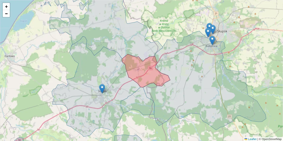 Szczegółowa mapa kodu pocztowego 76-122 z granicami, sąsiednimi kodami pocztowymi i urzędami pocztowymi