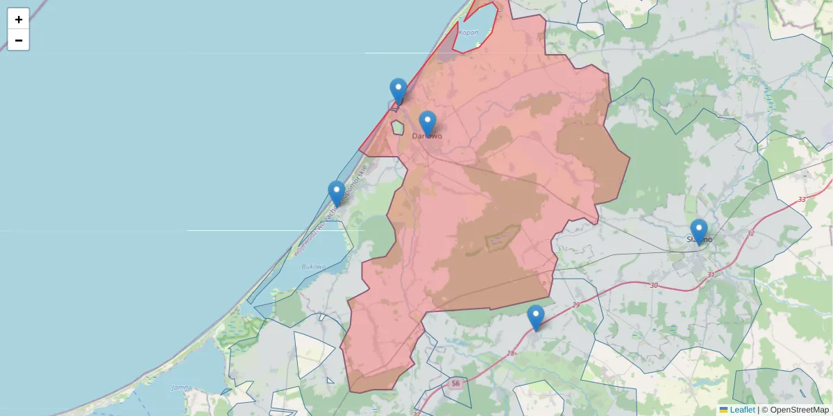 Szczegółowa mapa kodu pocztowego 76-150 z granicami, sąsiednimi kodami pocztowymi i urzędami pocztowymi