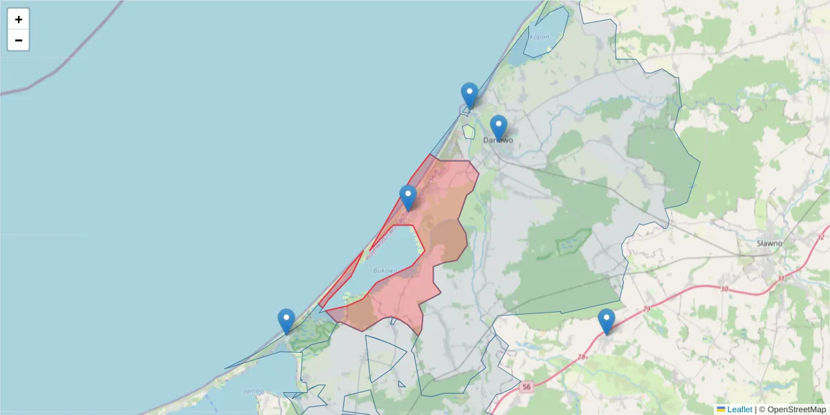 Szczegółowa mapa kodu pocztowego 76-156 z granicami, sąsiednimi kodami pocztowymi i urzędami pocztowymi