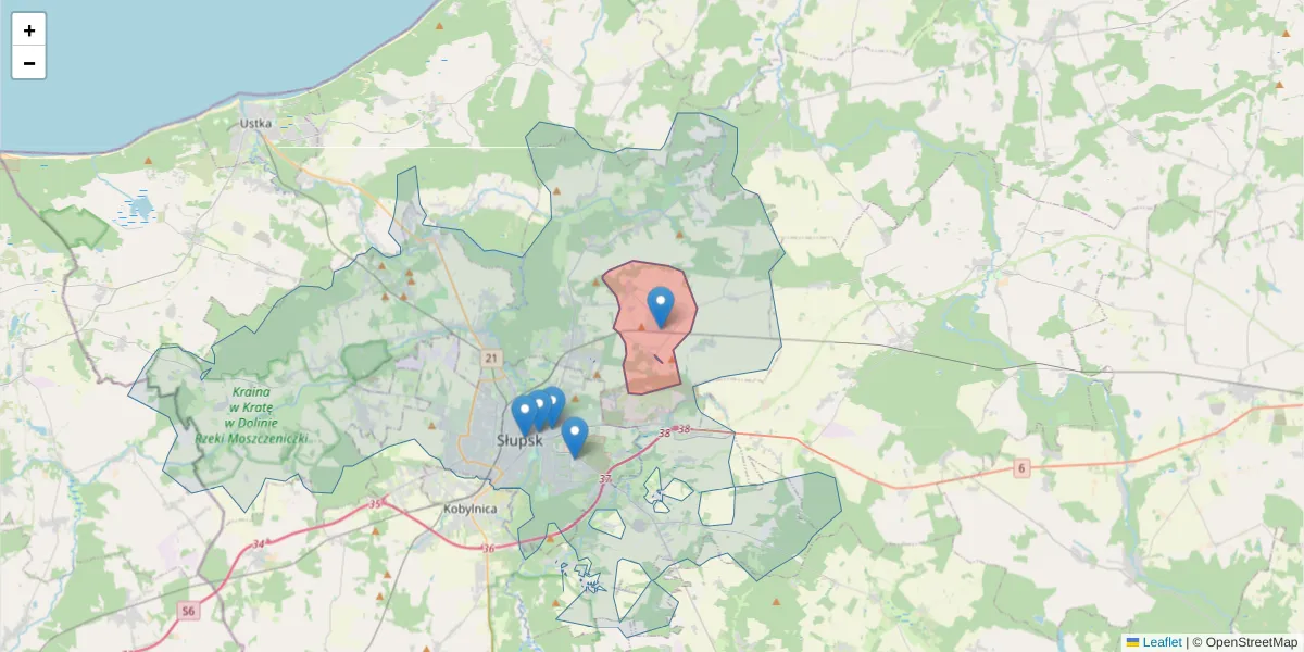 Szczegółowa mapa kodu pocztowego 76-219 z granicami, sąsiednimi kodami pocztowymi i urzędami pocztowymi