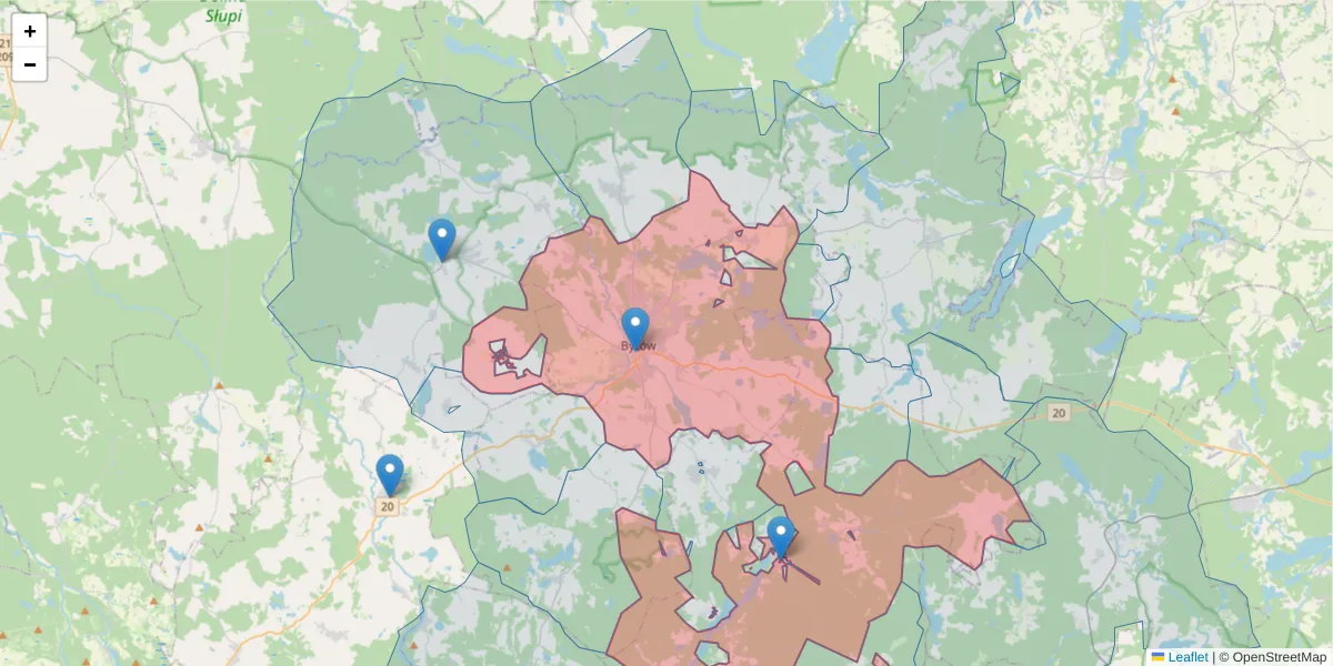 Szczegółowa mapa kodu pocztowego 77-100 z granicami, sąsiednimi kodami pocztowymi i urzędami pocztowymi