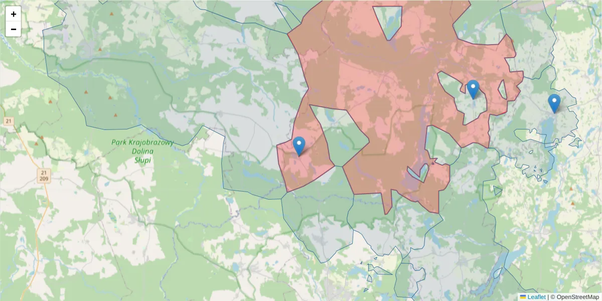 Szczegółowa mapa kodu pocztowego 77-116 z granicami, sąsiednimi kodami pocztowymi i urzędami pocztowymi