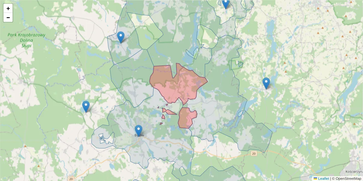 Szczegółowa mapa kodu pocztowego 77-121 z granicami, sąsiednimi kodami pocztowymi i urzędami pocztowymi
