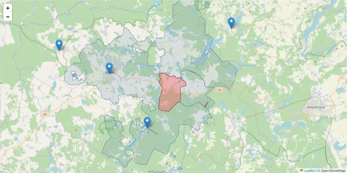 Szczegółowa mapa kodu pocztowego 77-125 z granicami, sąsiednimi kodami pocztowymi i urzędami pocztowymi