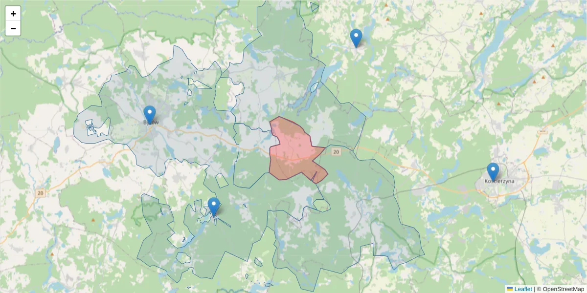 Szczegółowa mapa kodu pocztowego 77-127 z granicami, sąsiednimi kodami pocztowymi i urzędami pocztowymi