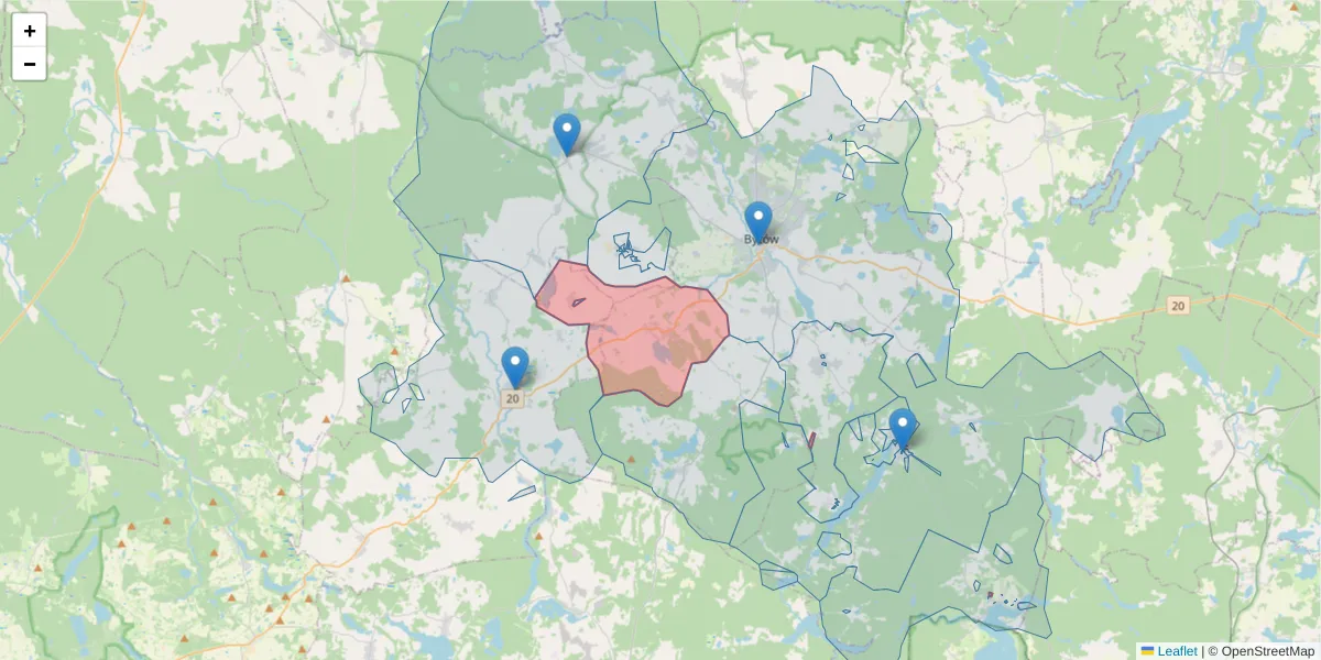 Szczegółowa mapa kodu pocztowego 77-132 z granicami, sąsiednimi kodami pocztowymi i urzędami pocztowymi