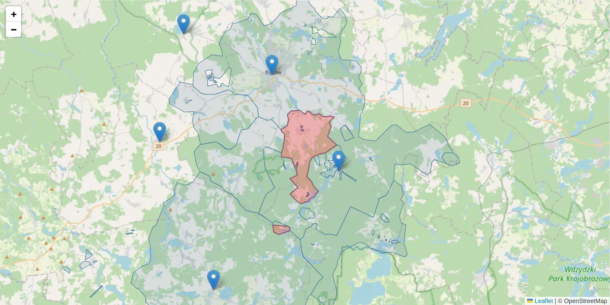 Szczegółowa mapa kodu pocztowego 77-142 z granicami, sąsiednimi kodami pocztowymi i urzędami pocztowymi