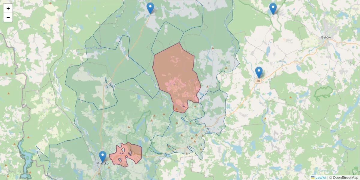 Szczegółowa mapa kodu pocztowego 77-205 z granicami, sąsiednimi kodami pocztowymi i urzędami pocztowymi