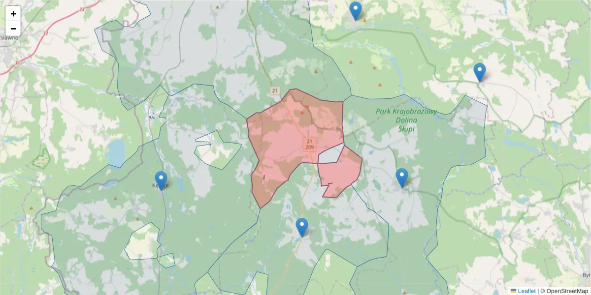 Szczegółowa mapa kodu pocztowego 77-233 z granicami, sąsiednimi kodami pocztowymi i urzędami pocztowymi