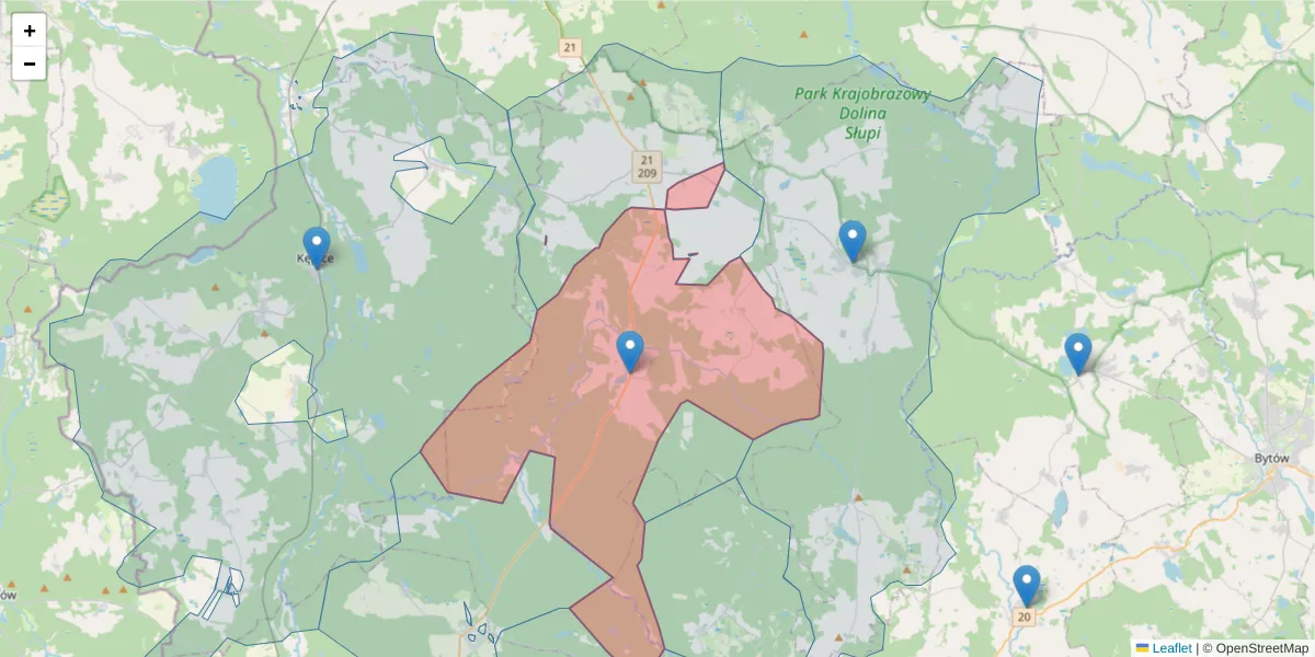 Szczegółowa mapa kodu pocztowego 77-235 z granicami, sąsiednimi kodami pocztowymi i urzędami pocztowymi