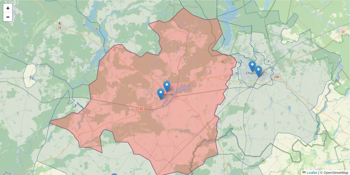 Szczegółowa mapa kodu pocztowego 77-300 z granicami, sąsiednimi kodami pocztowymi i urzędami pocztowymi