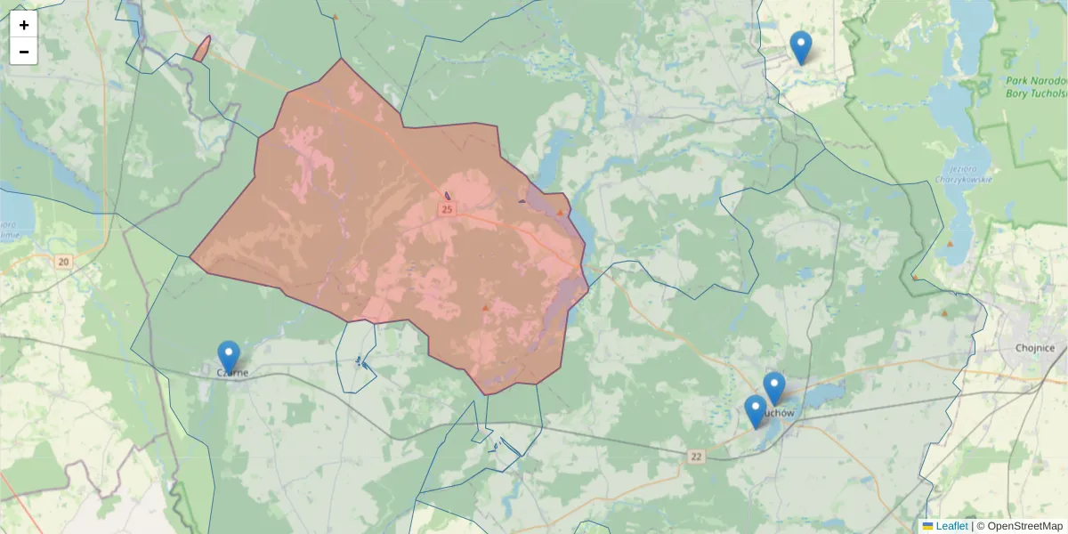 Szczegółowa mapa kodu pocztowego 77-304 z granicami, sąsiednimi kodami pocztowymi i urzędami pocztowymi