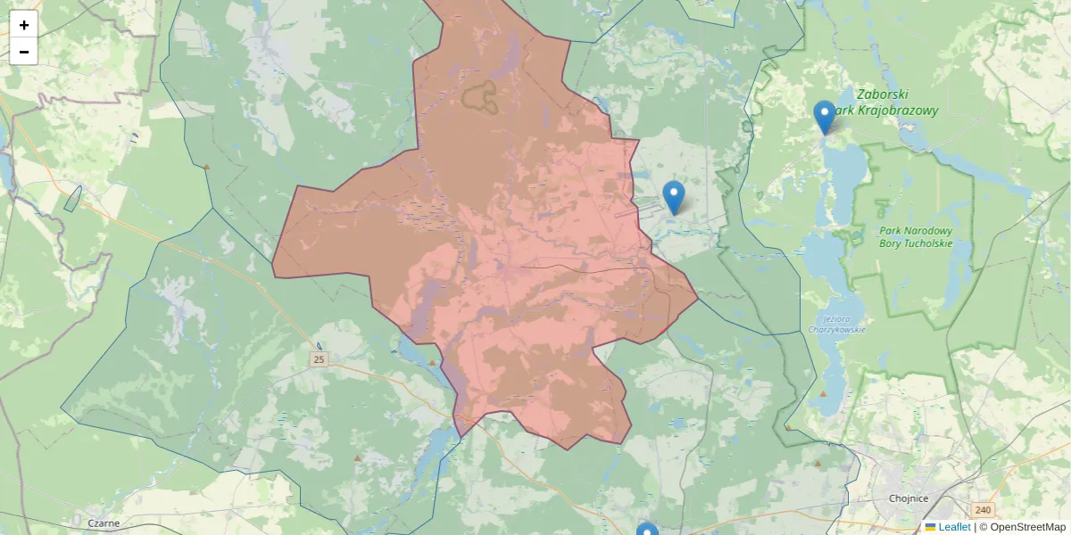 Szczegółowa mapa kodu pocztowego 77-320 z granicami, sąsiednimi kodami pocztowymi i urzędami pocztowymi