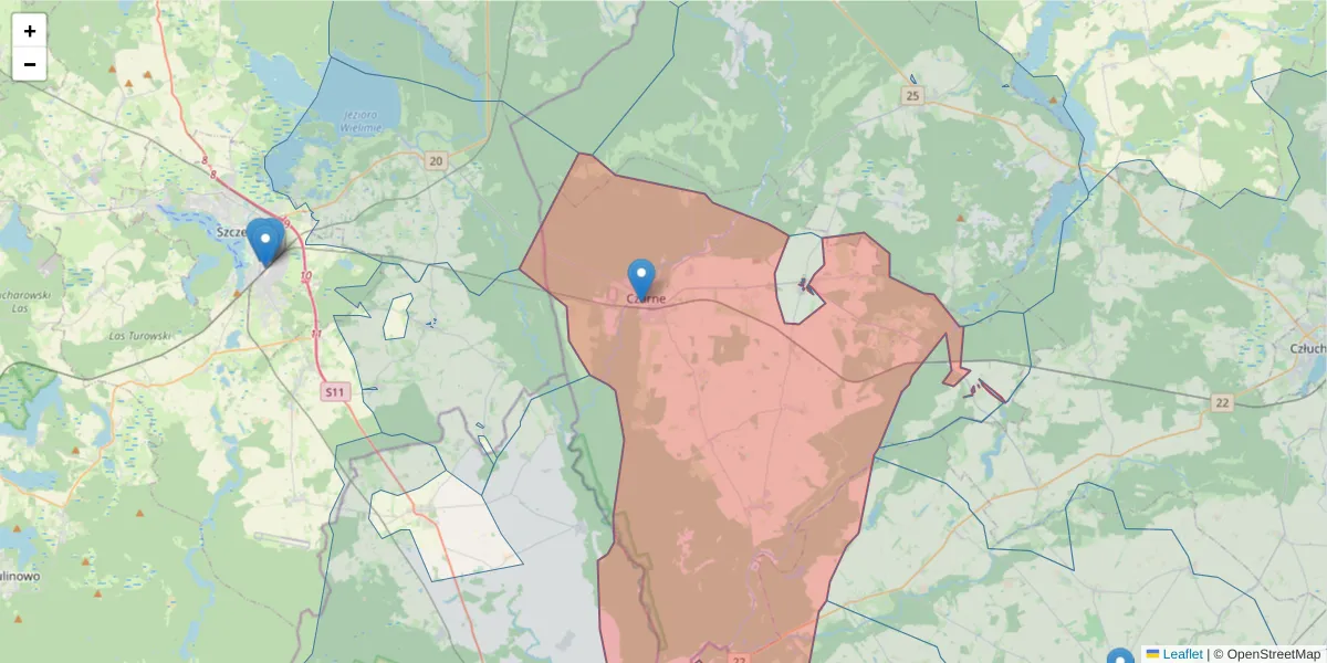 Szczegółowa mapa kodu pocztowego 77-330 z granicami, sąsiednimi kodami pocztowymi i urzędami pocztowymi