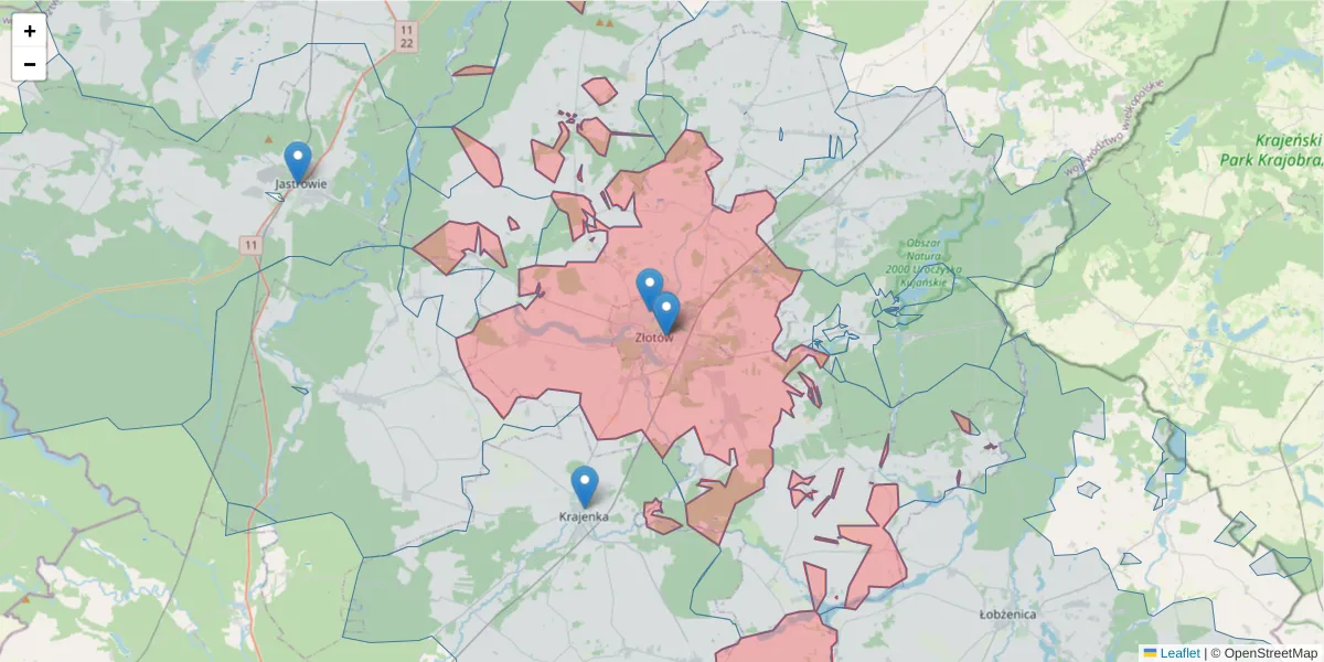 Szczegółowa mapa kodu pocztowego 77-400 z granicami, sąsiednimi kodami pocztowymi i urzędami pocztowymi