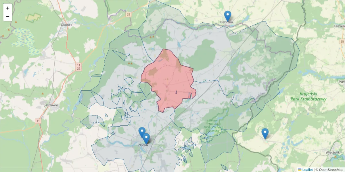 Szczegółowa mapa kodu pocztowego 77-411 z granicami, sąsiednimi kodami pocztowymi i urzędami pocztowymi