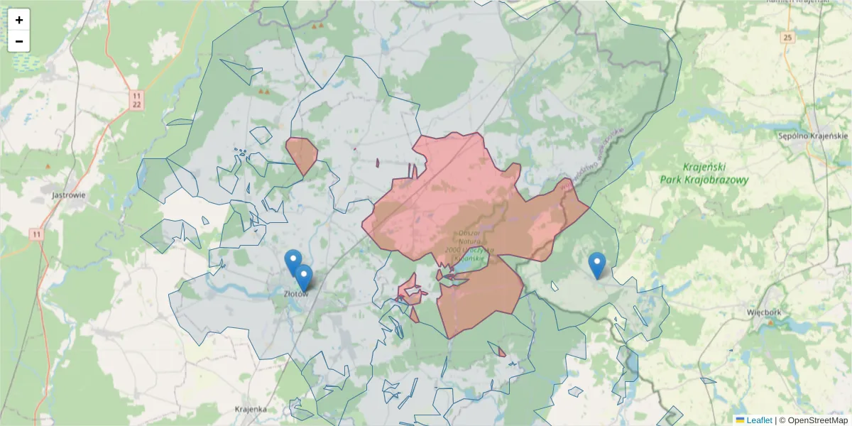 Szczegółowa mapa kodu pocztowego 77-424 z granicami, sąsiednimi kodami pocztowymi i urzędami pocztowymi