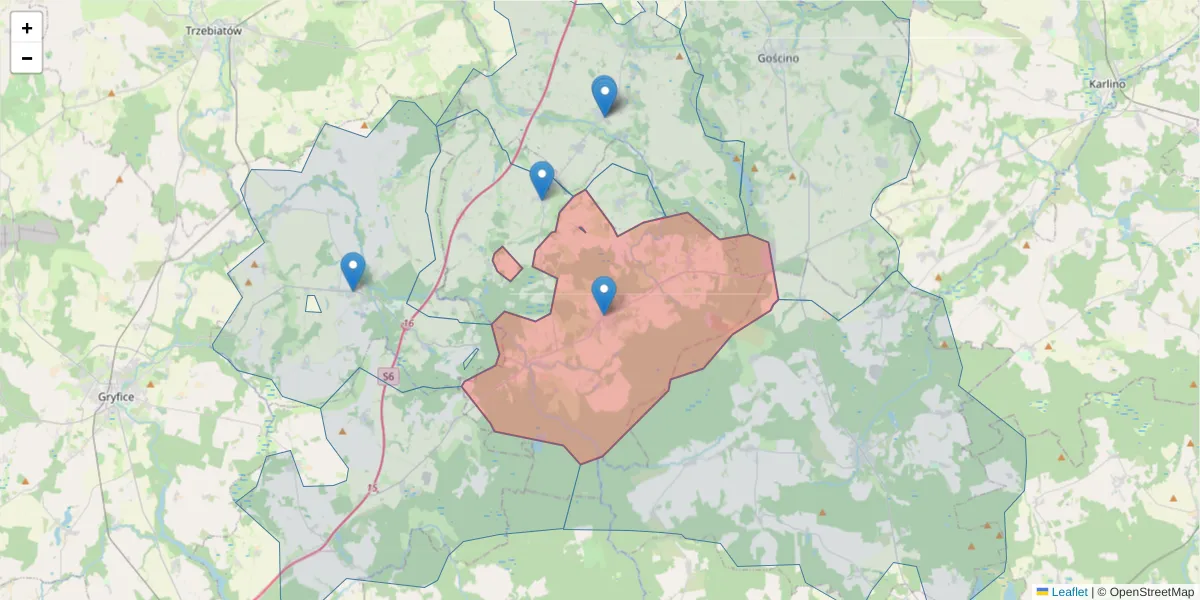 Szczegółowa mapa kodu pocztowego 78-125 z granicami, sąsiednimi kodami pocztowymi i urzędami pocztowymi