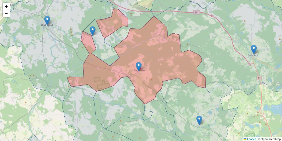 Szczegółowa mapa kodu pocztowego 78-220 z granicami, sąsiednimi kodami pocztowymi i urzędami pocztowymi