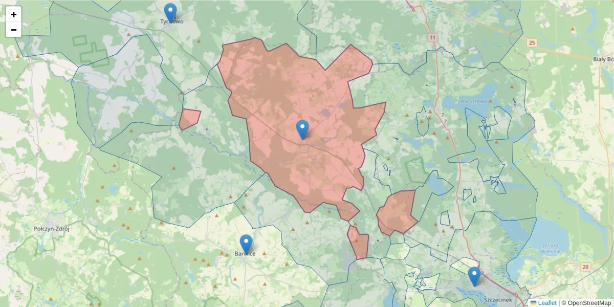 Szczegółowa mapa kodu pocztowego 78-450 z granicami, sąsiednimi kodami pocztowymi i urzędami pocztowymi