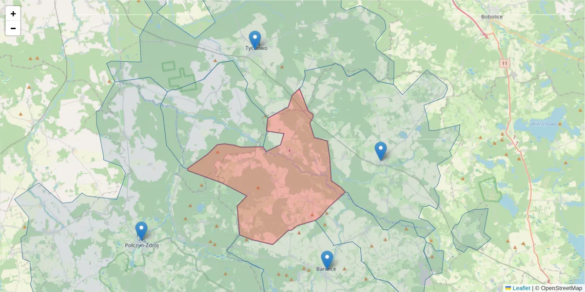 Szczegółowa mapa kodu pocztowego 78-452 z granicami, sąsiednimi kodami pocztowymi i urzędami pocztowymi