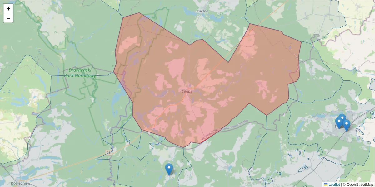Szczegółowa mapa kodu pocztowego 78-630 z granicami, sąsiednimi kodami pocztowymi i urzędami pocztowymi
