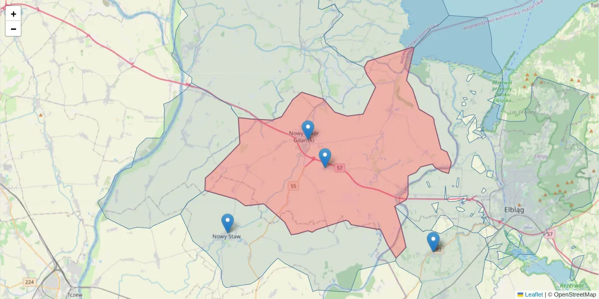 Szczegółowa mapa kodu pocztowego 82-100 z granicami, sąsiednimi kodami pocztowymi i urzędami pocztowymi