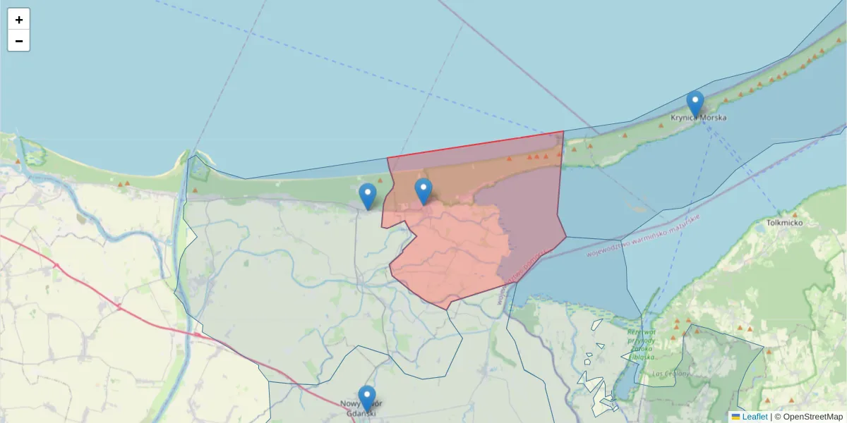 Szczegółowa mapa kodu pocztowego 82-110 z granicami, sąsiednimi kodami pocztowymi i urzędami pocztowymi