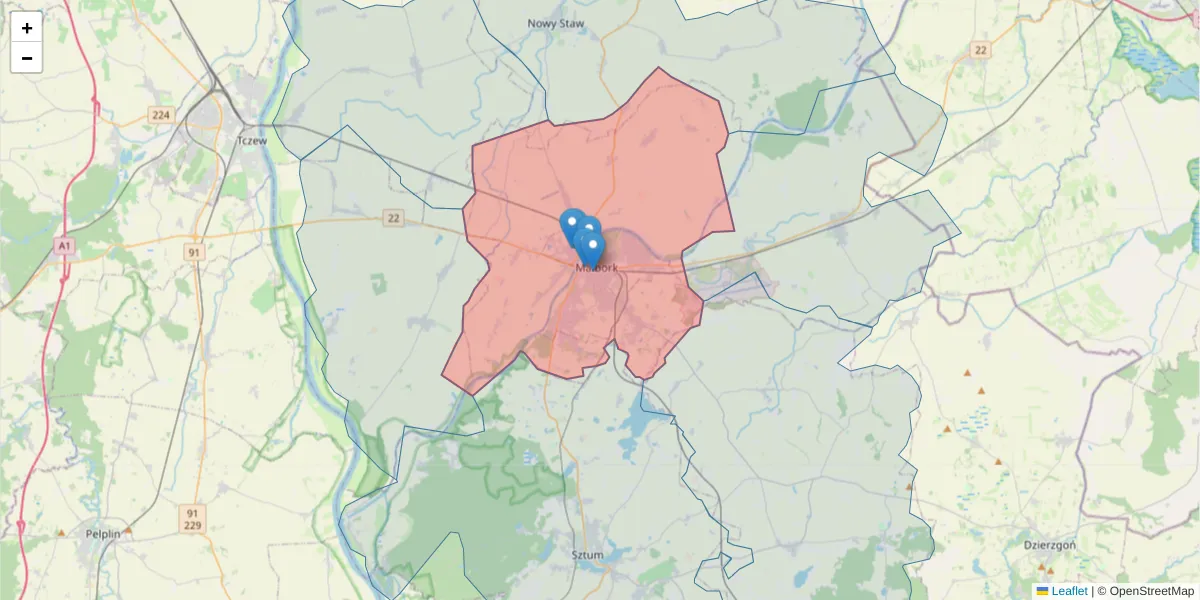 Szczegółowa mapa kodu pocztowego 82-200 z granicami, sąsiednimi kodami pocztowymi i urzędami pocztowymi