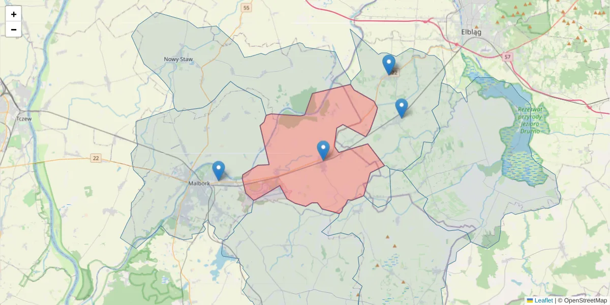 Szczegółowa mapa kodu pocztowego 82-220 z granicami, sąsiednimi kodami pocztowymi i urzędami pocztowymi