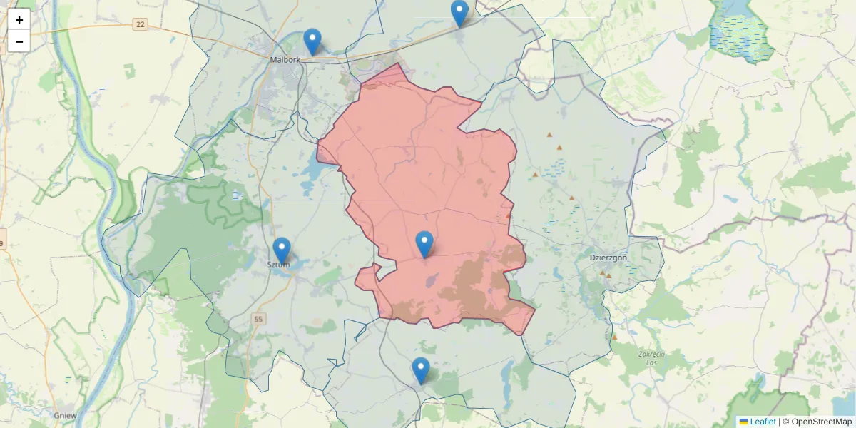 Szczegółowa mapa kodu pocztowego 82-410 z granicami, sąsiednimi kodami pocztowymi i urzędami pocztowymi