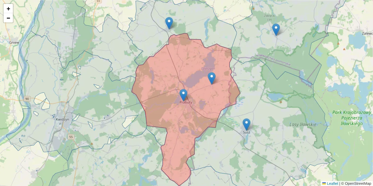 Szczegółowa mapa kodu pocztowego 82-550 z granicami, sąsiednimi kodami pocztowymi i urzędami pocztowymi