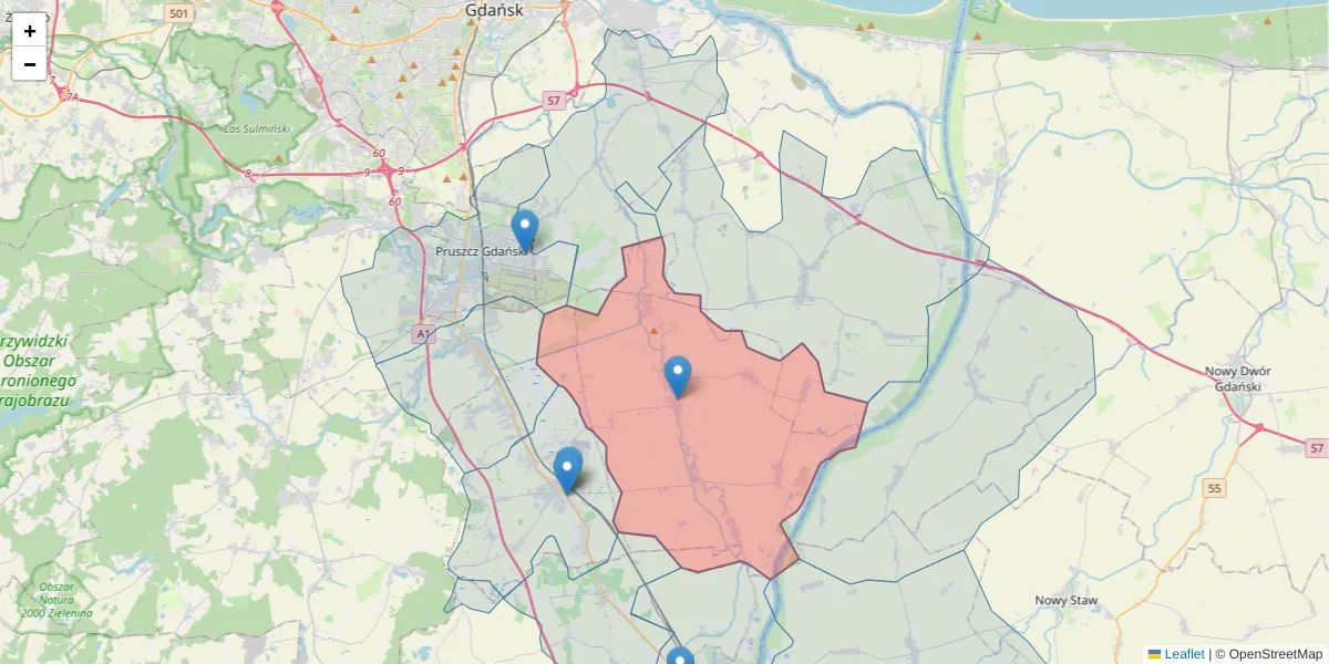 Szczegółowa mapa kodu pocztowego 83-022 z granicami, sąsiednimi kodami pocztowymi i urzędami pocztowymi