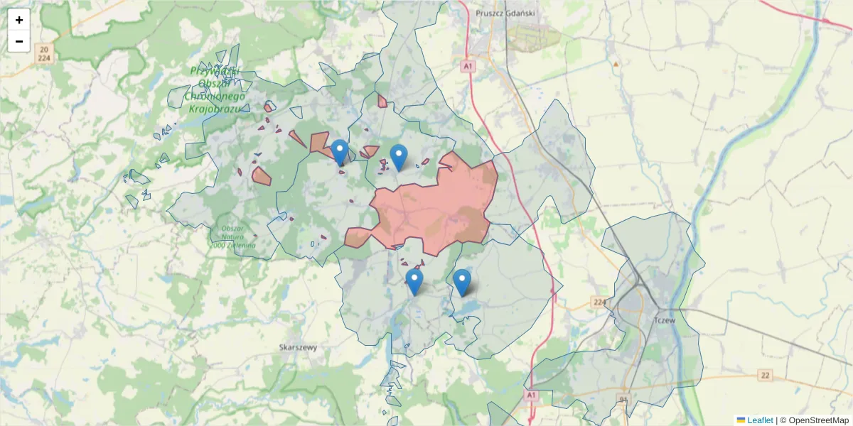 Szczegółowa mapa kodu pocztowego 83-033 z granicami, sąsiednimi kodami pocztowymi i urzędami pocztowymi