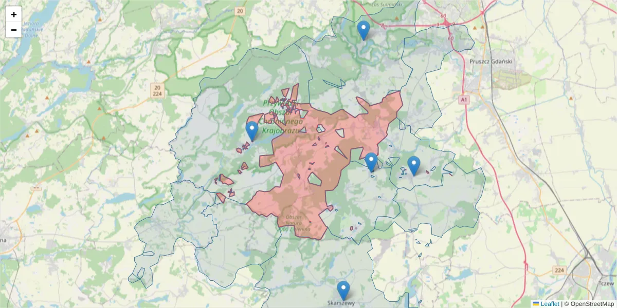 Szczegółowa mapa kodu pocztowego 83-041 z granicami, sąsiednimi kodami pocztowymi i urzędami pocztowymi