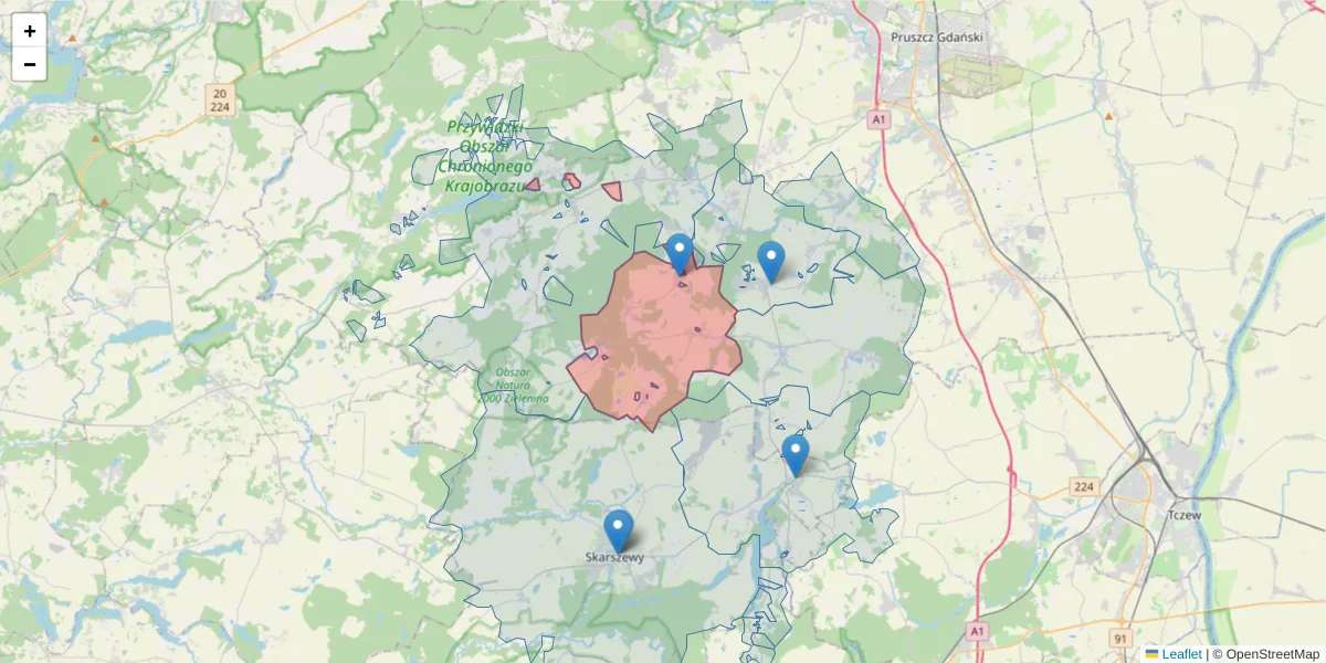 Szczegółowa mapa kodu pocztowego 83-042 z granicami, sąsiednimi kodami pocztowymi i urzędami pocztowymi