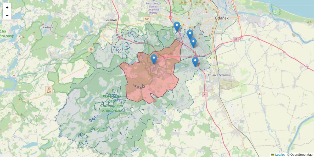 Szczegółowa mapa kodu pocztowego 83-050 z granicami, sąsiednimi kodami pocztowymi i urzędami pocztowymi