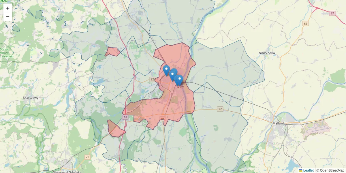 Szczegółowa mapa kodu pocztowego 83-110 z granicami, sąsiednimi kodami pocztowymi i urzędami pocztowymi