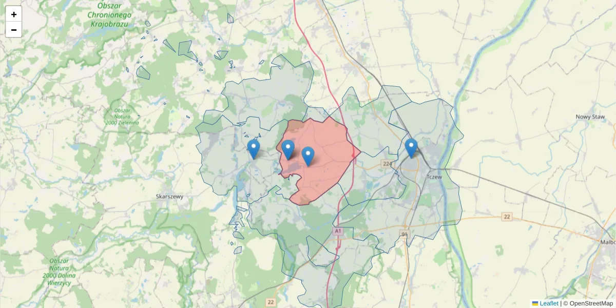 Szczegółowa mapa kodu pocztowego 83-113 z granicami, sąsiednimi kodami pocztowymi i urzędami pocztowymi