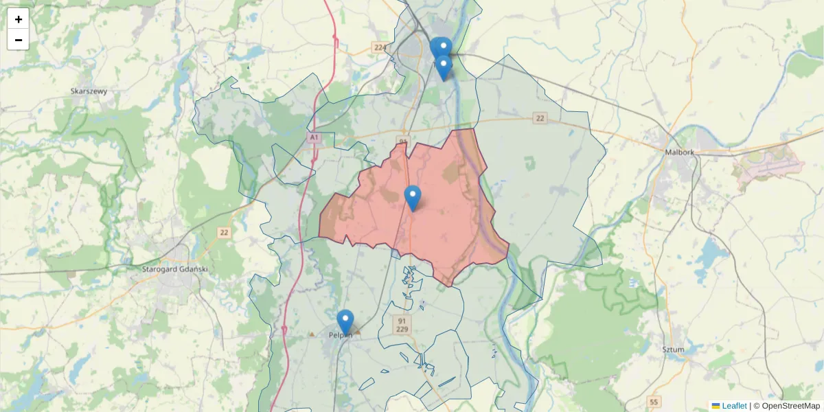 Szczegółowa mapa kodu pocztowego 83-120 z granicami, sąsiednimi kodami pocztowymi i urzędami pocztowymi