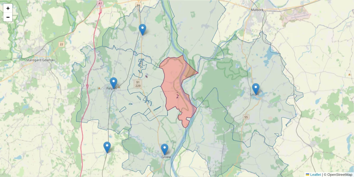 Szczegółowa mapa kodu pocztowego 83-122 z granicami, sąsiednimi kodami pocztowymi i urzędami pocztowymi