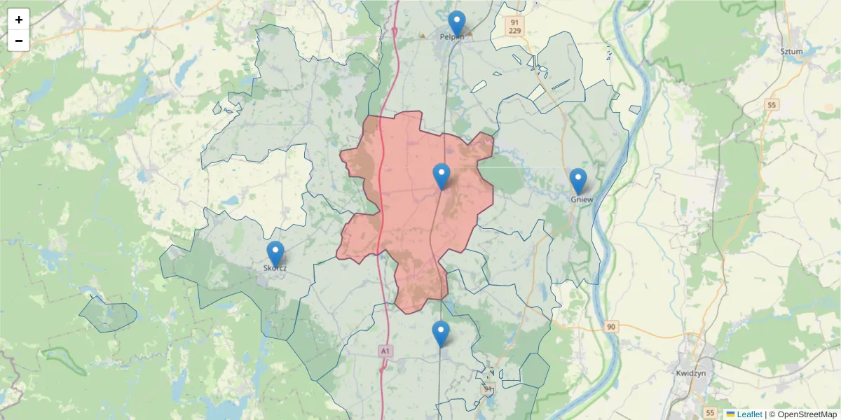 Szczegółowa mapa kodu pocztowego 83-132 z granicami, sąsiednimi kodami pocztowymi i urzędami pocztowymi
