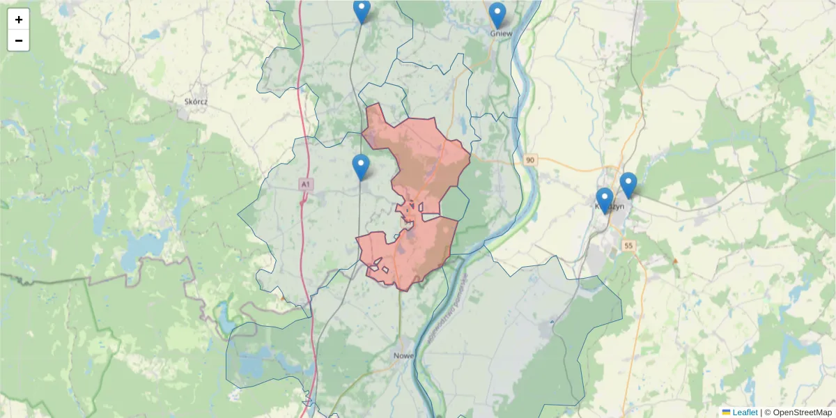 Szczegółowa mapa kodu pocztowego 83-135 z granicami, sąsiednimi kodami pocztowymi i urzędami pocztowymi