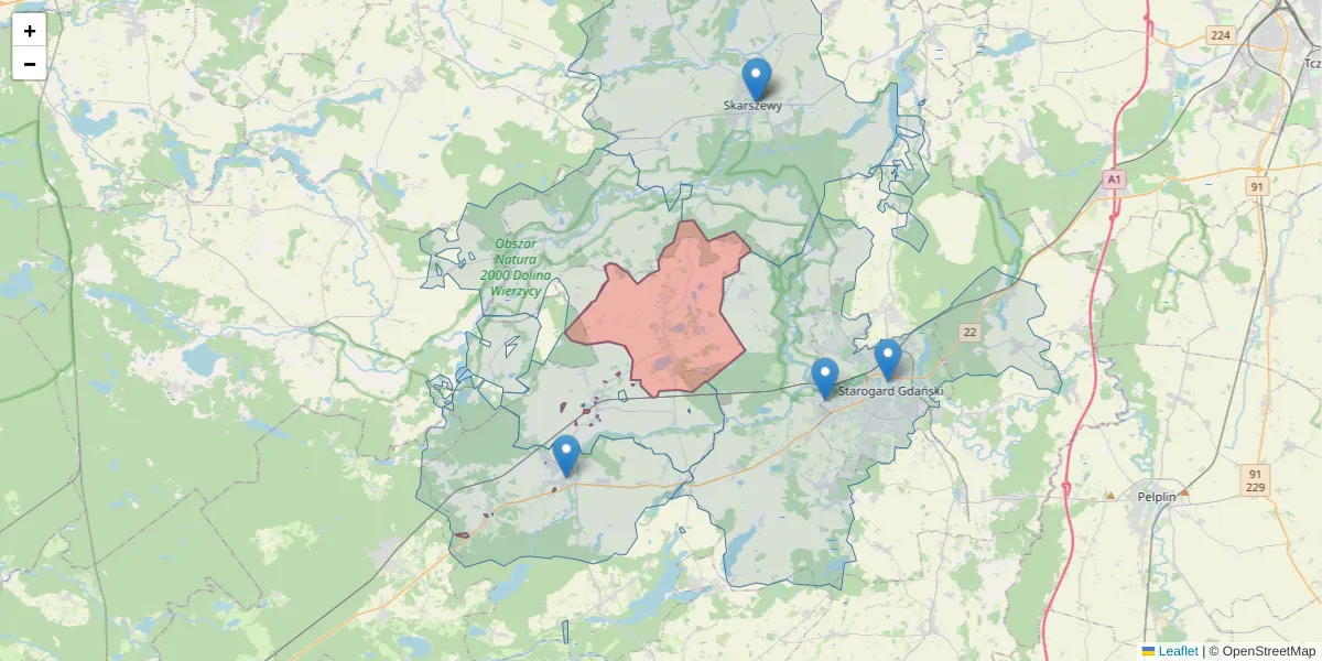 Szczegółowa mapa kodu pocztowego 83-206 z granicami, sąsiednimi kodami pocztowymi i urzędami pocztowymi