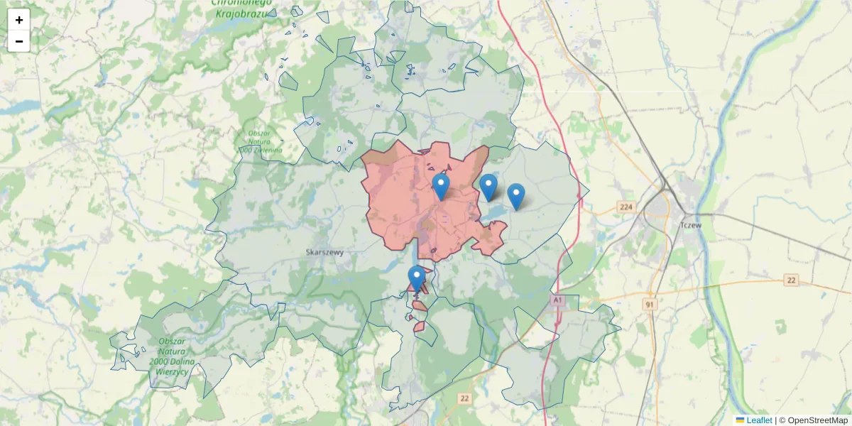 Szczegółowa mapa kodu pocztowego 83-209 z granicami, sąsiednimi kodami pocztowymi i urzędami pocztowymi