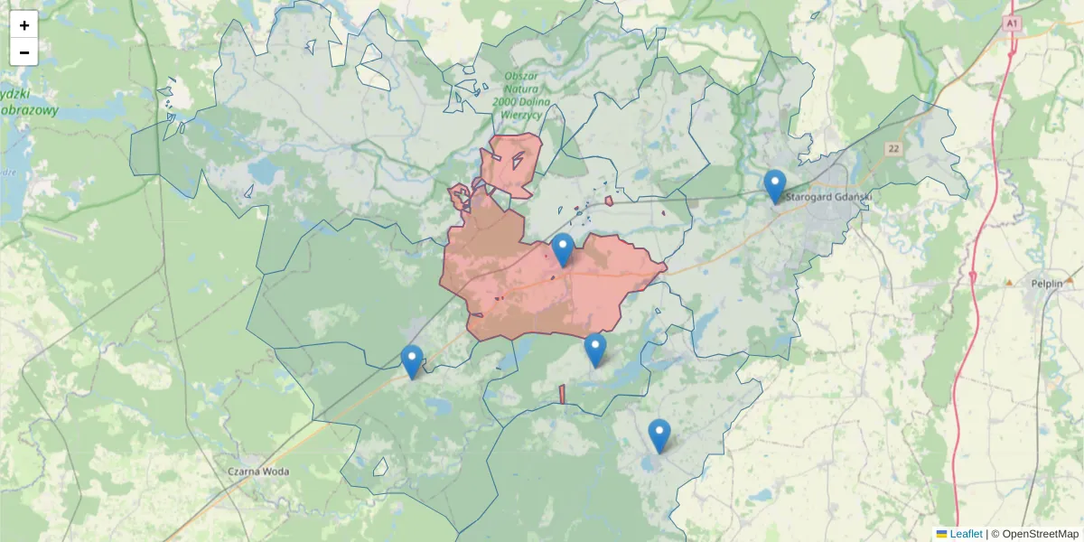 Szczegółowa mapa kodu pocztowego 83-210 z granicami, sąsiednimi kodami pocztowymi i urzędami pocztowymi