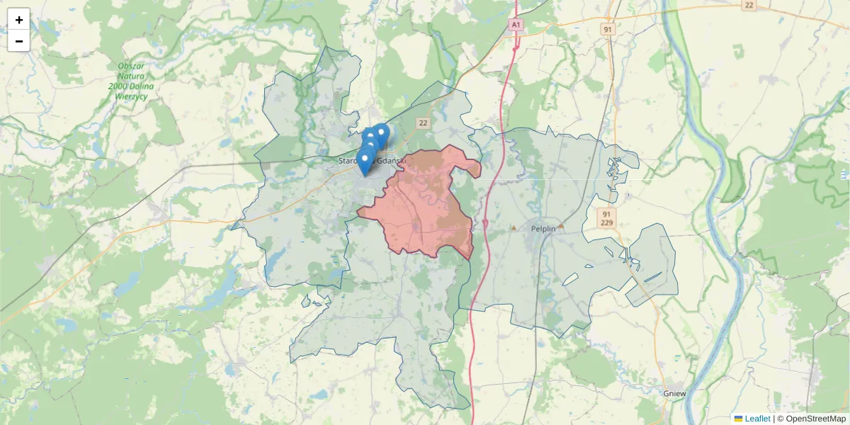 Szczegółowa mapa kodu pocztowego 83-211 z granicami, sąsiednimi kodami pocztowymi i urzędami pocztowymi