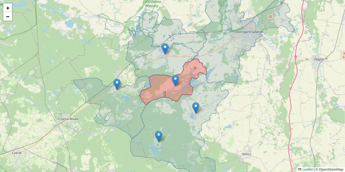 Szczegółowa mapa kodu pocztowego 83-224 z granicami, sąsiednimi kodami pocztowymi i urzędami pocztowymi