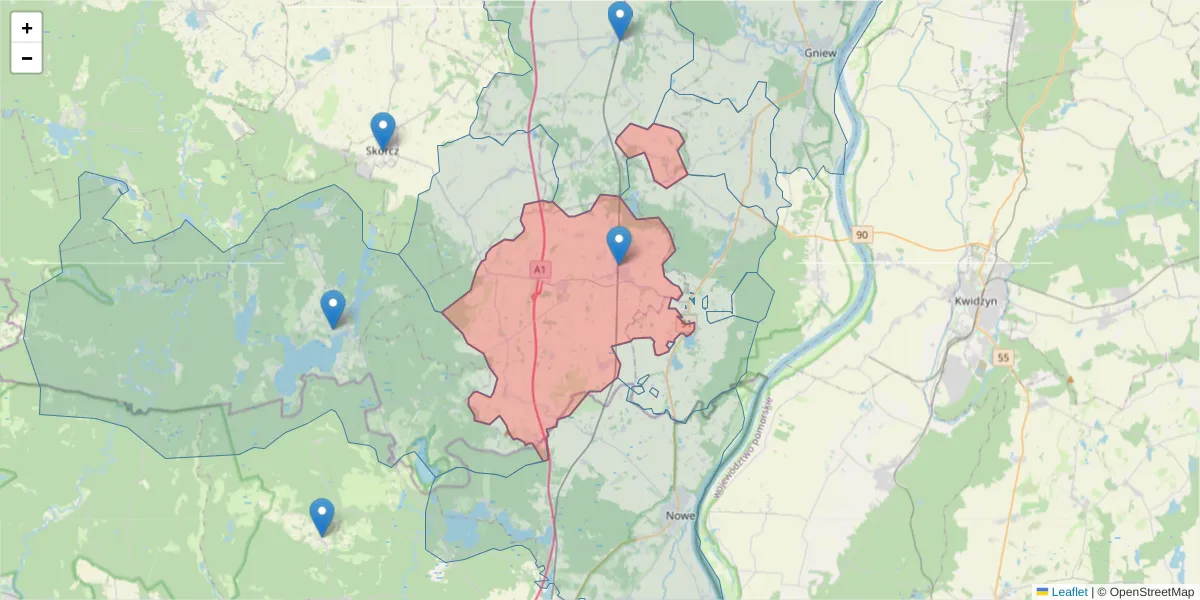Szczegółowa mapa kodu pocztowego 83-230 z granicami, sąsiednimi kodami pocztowymi i urzędami pocztowymi