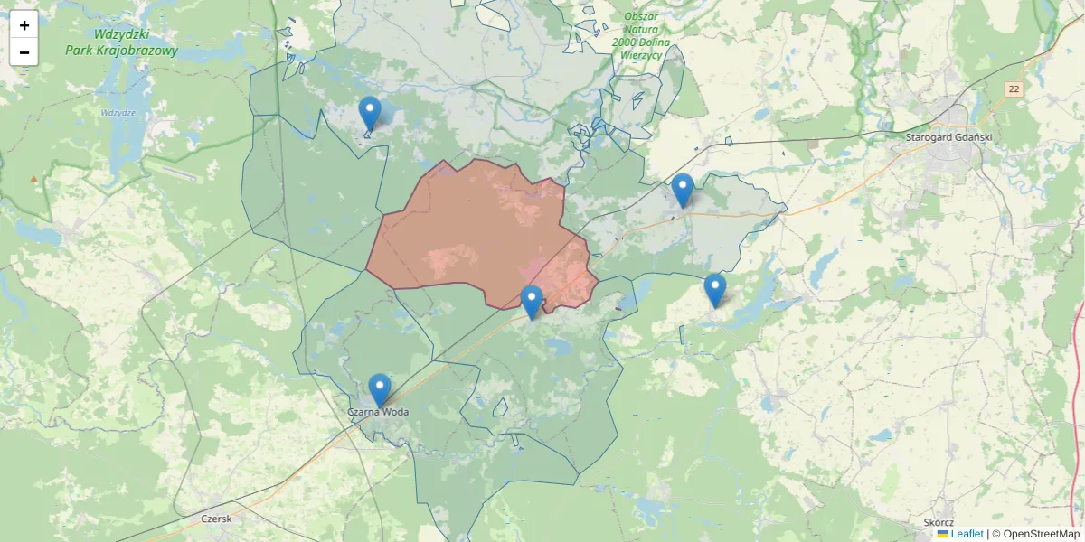 Szczegółowa mapa kodu pocztowego 83-260 z granicami, sąsiednimi kodami pocztowymi i urzędami pocztowymi